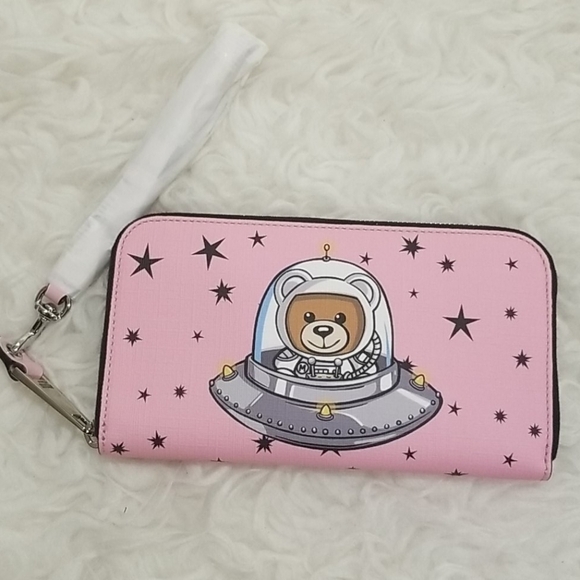 💕MOSCHINO💕 Space Ship Bear Zip Around Wallet Pink NWT 100% Leather - Picture 6 of 14